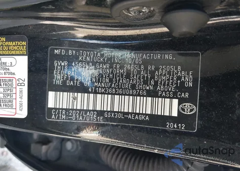 2006 Toyota Avalon Xls z USA, uszkodzony, nr VIN 4T1BK36B36U089766